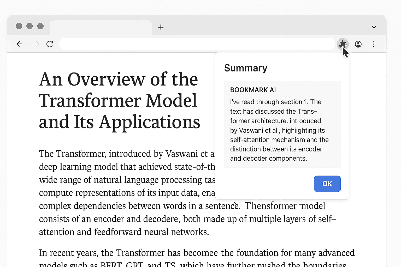 BookmarkAI Chrome extension showing an AI-powered summary of a research paper about Transformer models